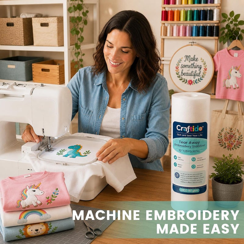 craftido كرافتيدو مثبت تطريز قابل للتمزيق 12 بوصة × 50 ياردة/لفة متوافق مع معظم الطارات 1.8 أونصة وزن متوسط للتطريز الآلي والخياطة اليدوية - Image 5