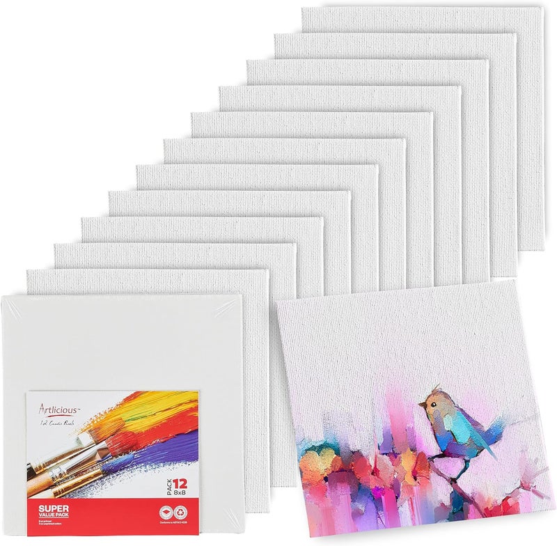 Artlicious Canvases for Painting 12 Packs - 8 x 8” Blank Canvas 100% Cotton Painting Canvas Panels for Acrylic, Oil & Watercolor Paint for Canvas Painting - Image 1