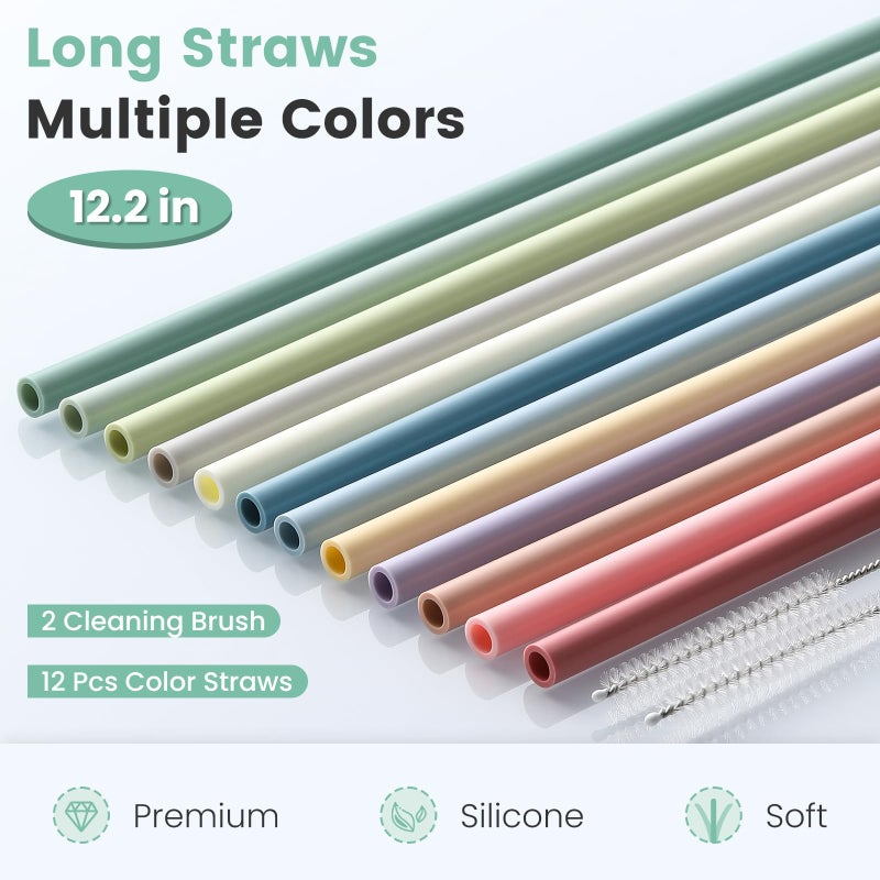 Hiware 12-Pack Silicone Reusable Straws for Stanley 40 oz 30 oz Cup Tumbler, 12.2 inch Long Replacement Straws with 2 Cleaning Brushes - Image 2