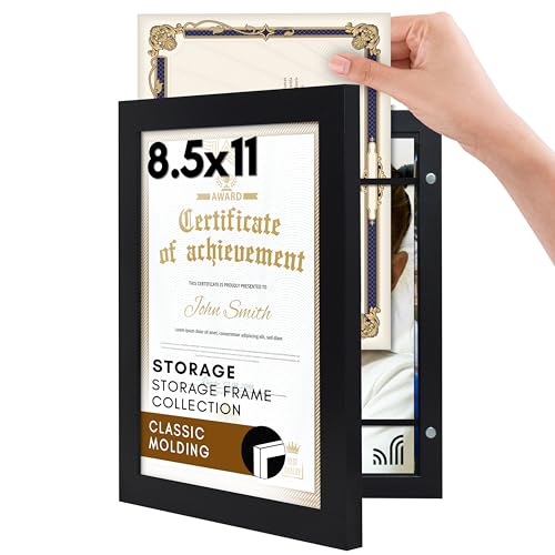Americanflat 85x11 Diploma Frame with Storage  Quick Change Storage Frames  Holds 35 Documents  Storage Frame Collection  Picture Frame for Tabletop and Wall Display  Black
