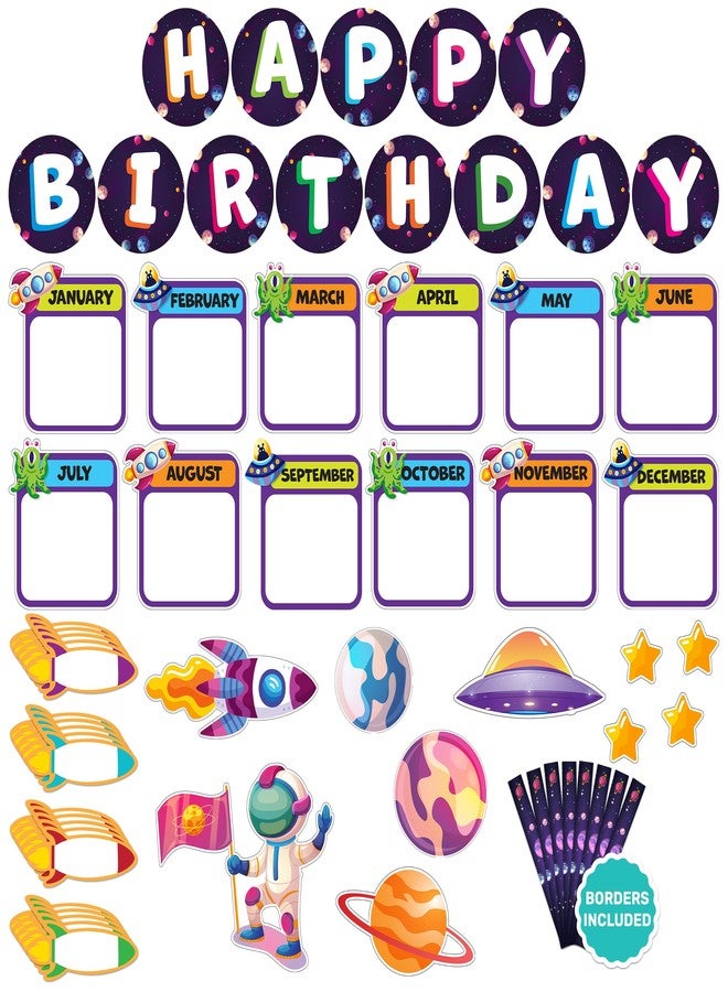 Decorably 93 Pcs Cutouts Space Theme Happy Birthday Bulletin Board Set for Classroom with Accompanying Borders, Birthday Board Classroom Decor - Classrooms, Bulletin Boards - Image 1