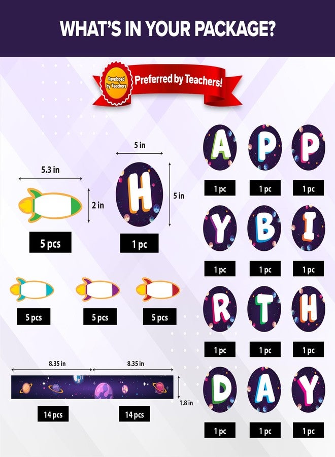 Decorably 93 Pcs Cutouts Space Theme Happy Birthday Bulletin Board Set for Classroom with Accompanying Borders, Birthday Board Classroom Decor - Classrooms, Bulletin Boards - Image 2