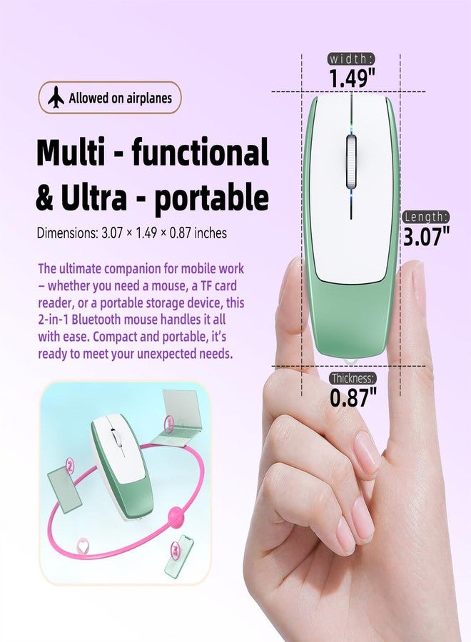 FMOUSE Mini 2-in-1 Wireless Bluetooth Mouse & TF Card Reader - 8GB TF Card Included, Type-C to USB Adapter, Rechargeable, Ultra-Compact (78×38×22mm), Perfect for Travel, Office & On-The-Go, Green - Image 3