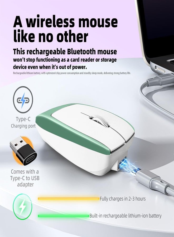 FMOUSE Mini 2-in-1 Wireless Bluetooth Mouse & TF Card Reader - 8GB TF Card Included, Type-C to USB Adapter, Rechargeable, Ultra-Compact (78×38×22mm), Perfect for Travel, Office & On-The-Go, Green - Image 4