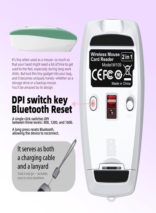 FMOUSE Mini 2-in-1 Wireless Bluetooth Mouse & TF Card Reader - 8GB TF Card Included, Type-C to USB Adapter, Rechargeable, Ultra-Compact (78×38×22mm), Perfect for Travel, Office & On-The-Go, Green - Image 5