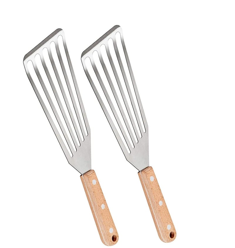 we3 Stainless Steel Fish Spatula with Wide Slotted Blade & Wooden Handle Heat Resistant Fish Turner Spatula for Cooking Flipping Frying Tuna Steak Eggs Pancake (Pack of 2) - Image 1