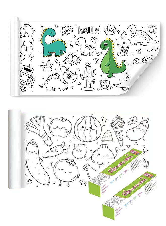 2 Pcs Children's Drawing Roll, Coloring Paper Roll for Kids, 300×30 CM Sticky DIY Painting Drawing Paper Rolls for Toddler, Wall Coloring Paper Stickers (Dinosaurs & Food)  - Image 1