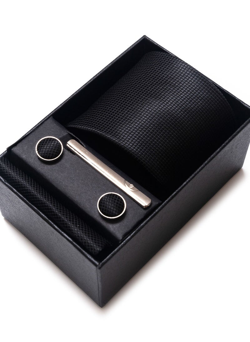 Men's Black Set with Pocket Square, Cufflinks & Tie Clip - Formal Tie with Handkerchief in Gift Box for Business, Wedding, Office, Parties & Corporate Gifting - Image 1