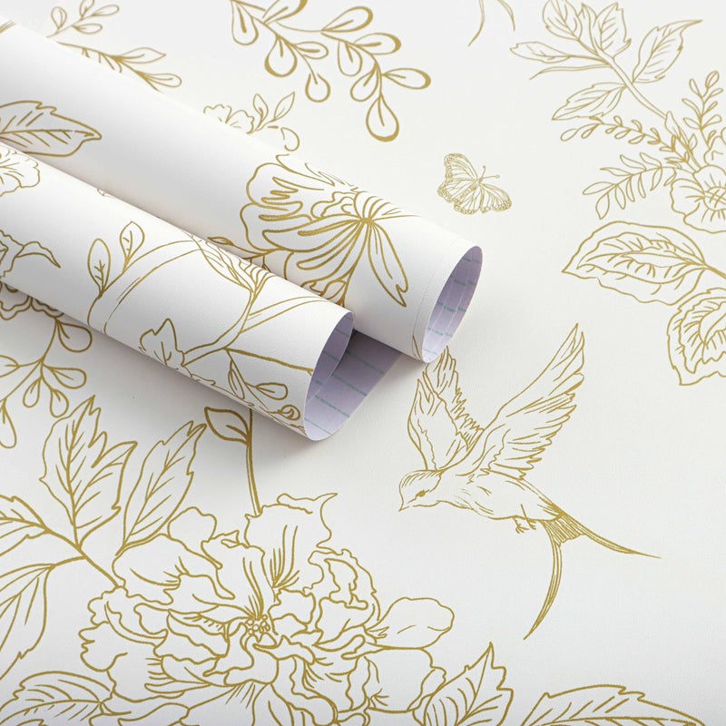 Froluya Cream White and Gold Floral Wallpaper Peel and Stick Wallpaper 17.7"x118.1" Vintage Floral Removable Self Adhesive Wall Paper for Bedroom Boho Contact Paper Peel and Stick Decorative Cabinets - Image 1