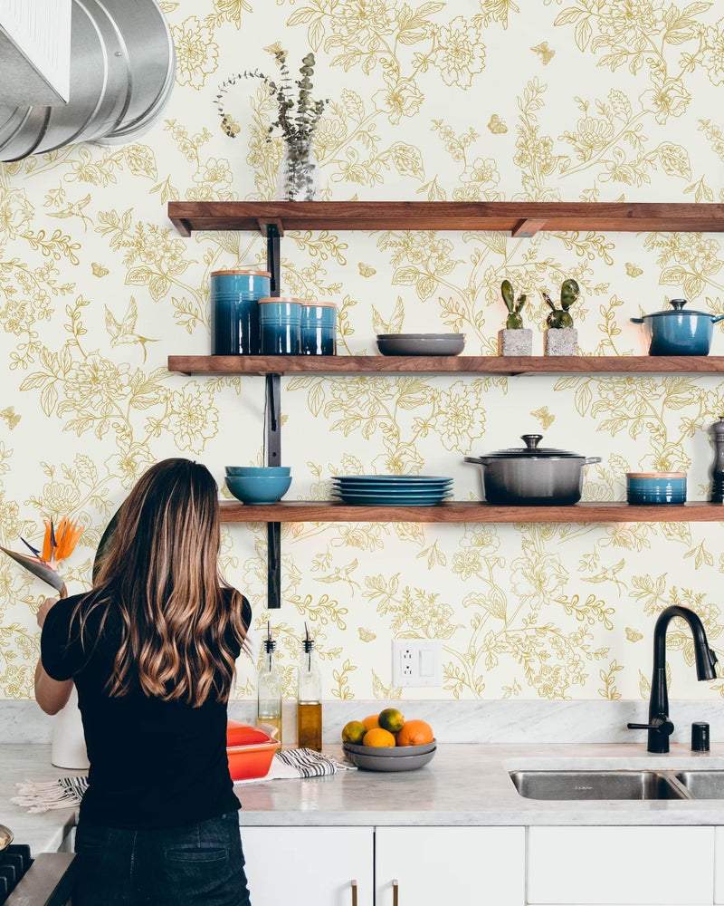 Froluya Cream White and Gold Floral Wallpaper Peel and Stick Wallpaper 17.7"x118.1" Vintage Floral Removable Self Adhesive Wall Paper for Bedroom Boho Contact Paper Peel and Stick Decorative Cabinets - Image 2