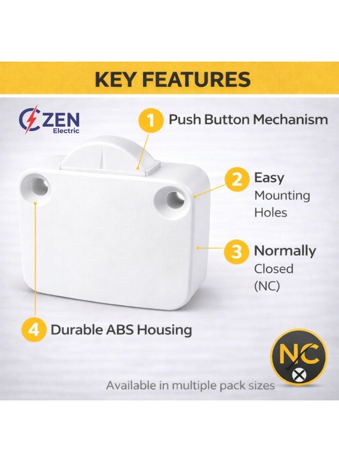 CZEN ELECTRIC Cabinet Door Push Button Switch (NC), 2A 250V Normally Closed Door Switch, Wardrobe & Cabinet Light Control, Black Inline Furniture Switch (White) - Image 2