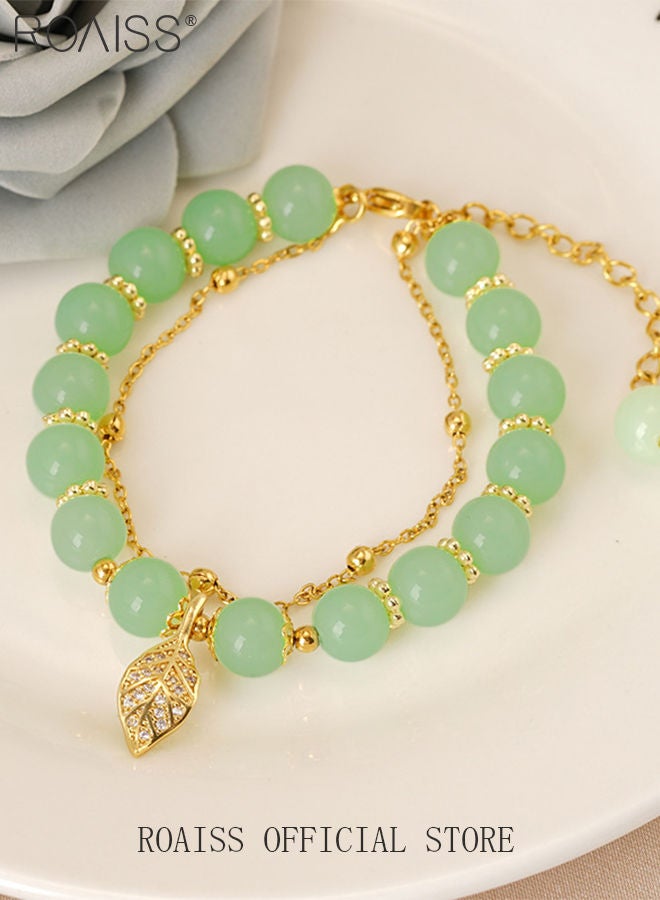 Fashion Jade Beads Two Layer Bracelet Womens Girls Bracelet Leaf Lucky Jewelry Gifts Exquisite Bracelets Gemstone 