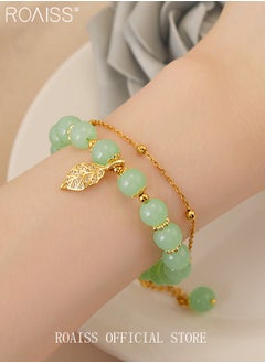 roaiss Fashion Jade Beads Two Layer Bracelet Womens Girls Bracelet Leaf Lucky Jewelry Gifts Exquisite Bracelets Gemstone  - Image 2
