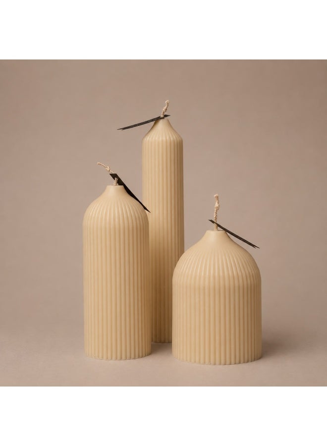 Decorative Ribbed Pillar Candles, Handmade-Style, Cream Finish - Image 2