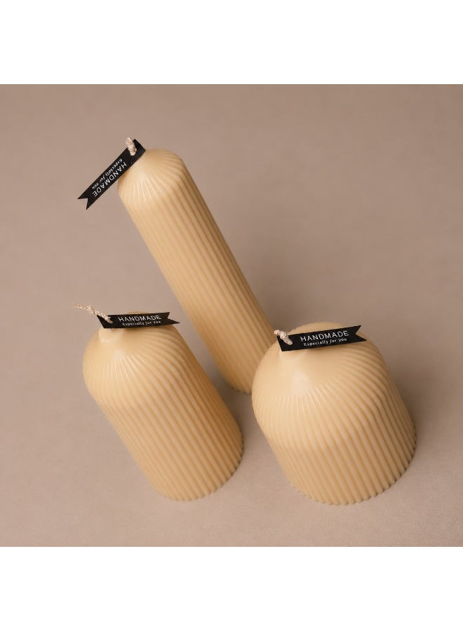 Decorative Ribbed Pillar Candles, Handmade-Style, Cream Finish - Image 1