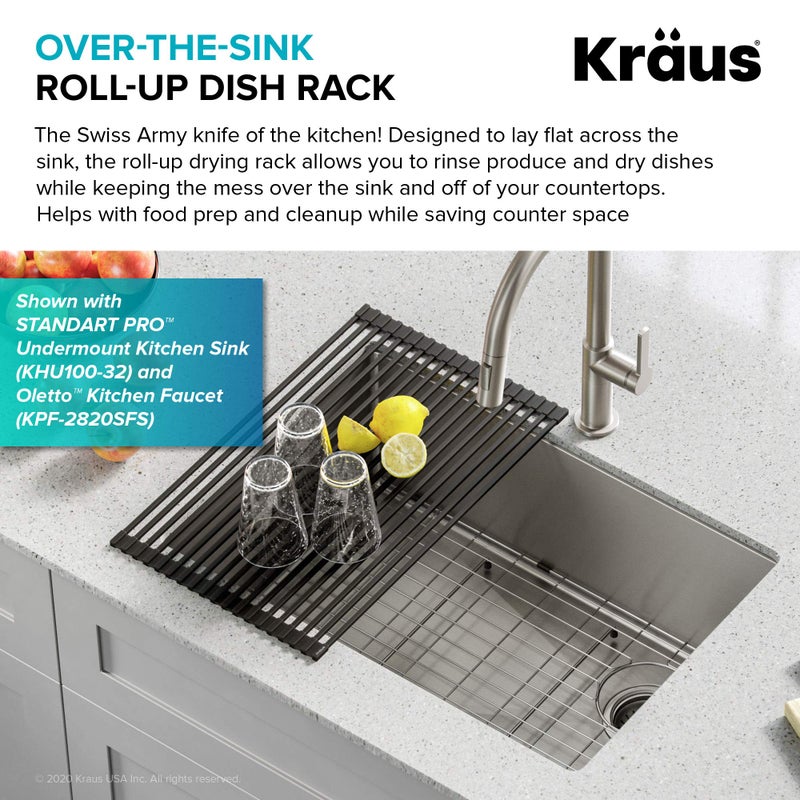 Kraus Multipurpose Over-Sink Roll-Up Dish Drying Rack, Colander and Trivet in Black, KRM-10BLACK - Image 3
