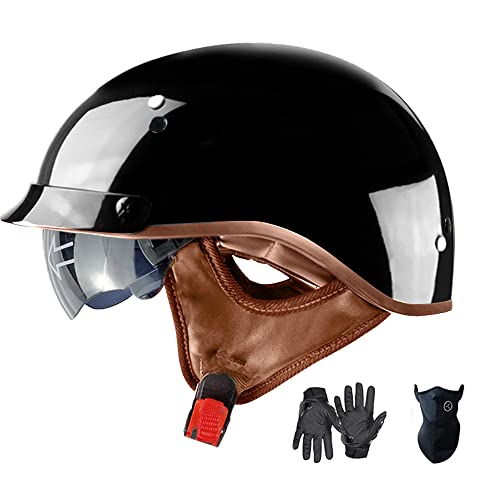 SanQing Motorcycle Half Helmet with Retractable Inner Sun Shade Quick Release Buckle DOT Approved Half Face Cycling Helmets for Men Women Adult(Glossy Black,Large) - Image 1