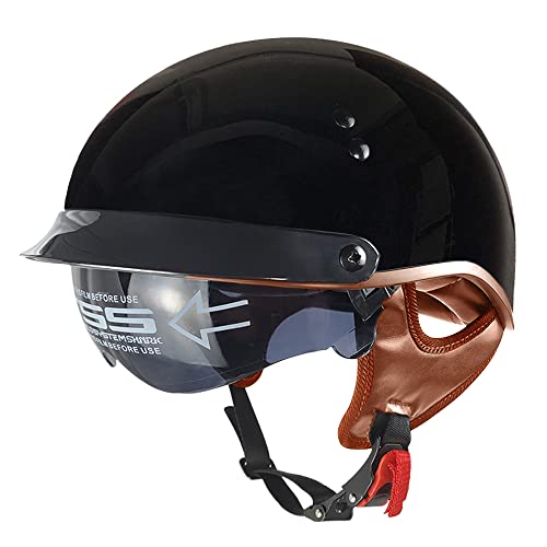 SanQing Motorcycle Half Helmet with Retractable Inner Sun Shade Quick Release Buckle DOT Approved Half Face Cycling Helmets for Men Women Adult(Glossy Black,Large) - Image 3