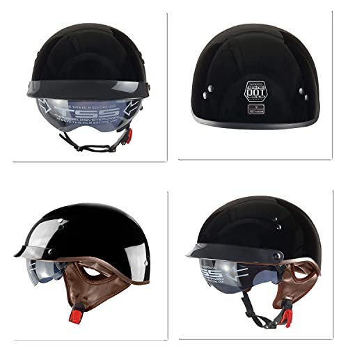 SanQing Motorcycle Half Helmet with Retractable Inner Sun Shade Quick Release Buckle DOT Approved Half Face Cycling Helmets for Men Women Adult(Glossy Black,Large) - Image 2