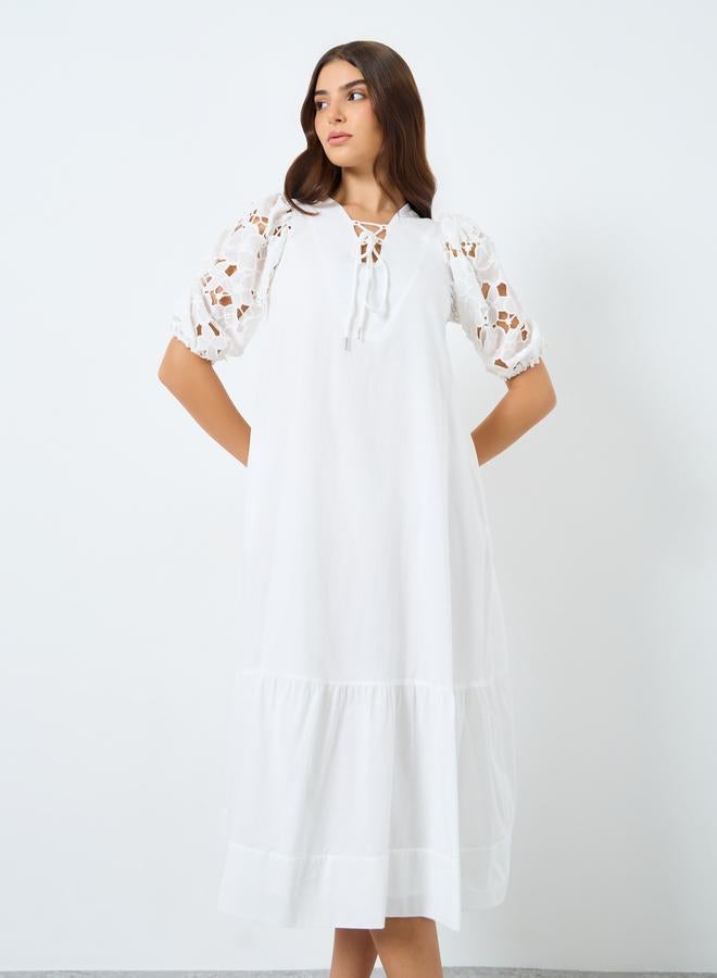 Styli Lace Puff Sleeves Midi Dress with Tie-Up Neck - Image 3