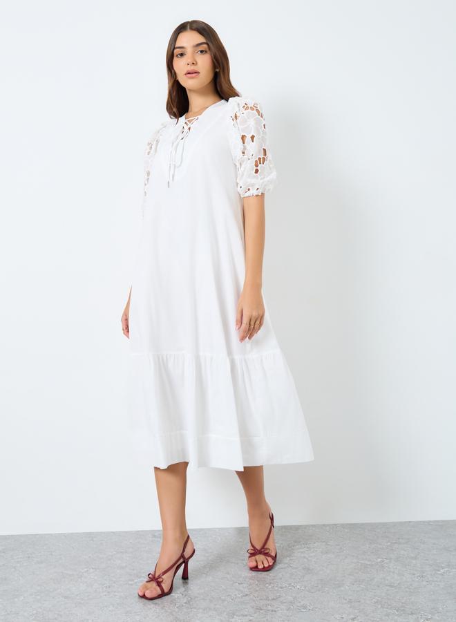 Styli Lace Puff Sleeves Midi Dress with Tie-Up Neck - Image 2