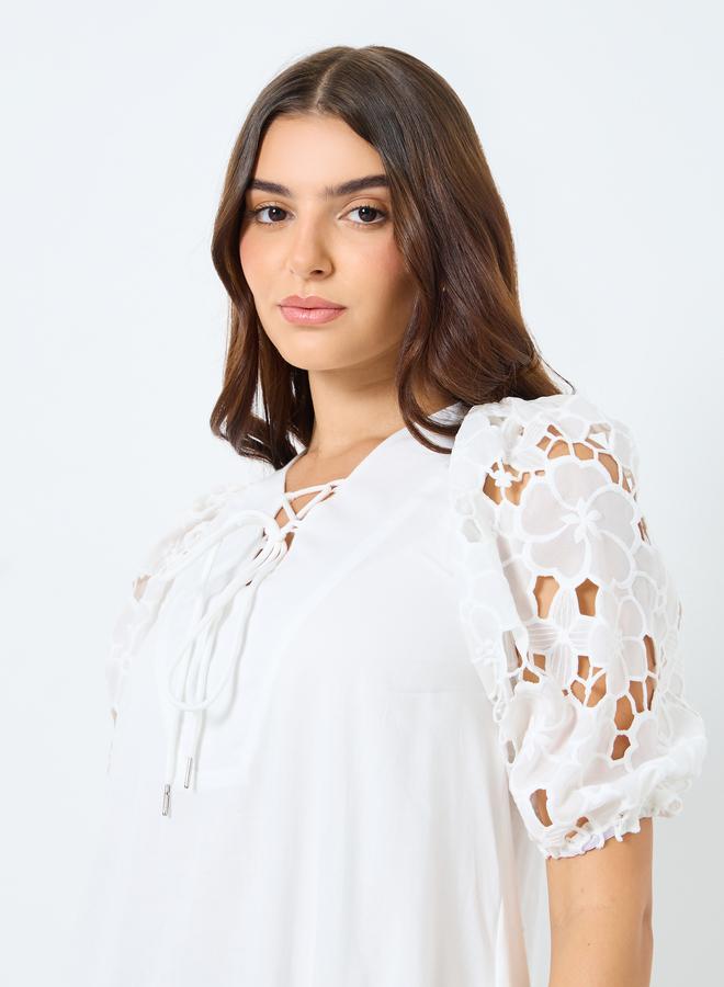 Styli Lace Puff Sleeves Midi Dress with Tie-Up Neck - Image 4