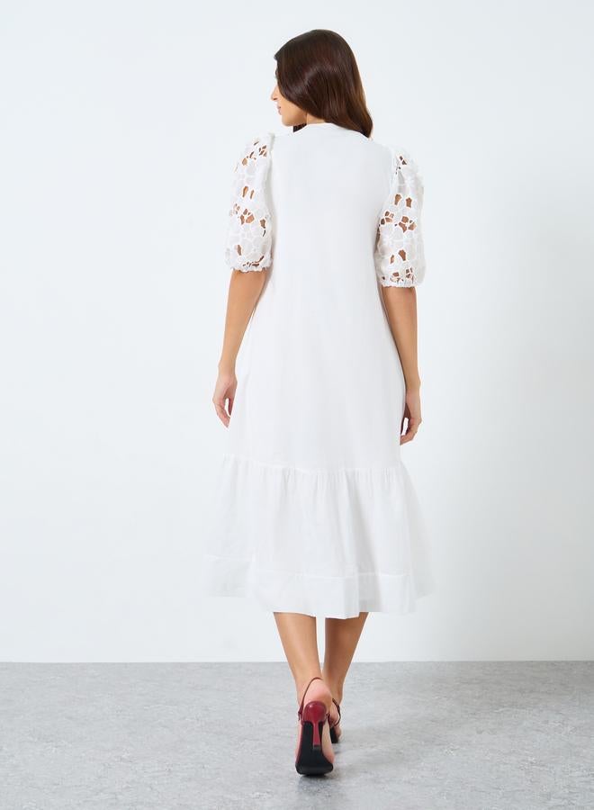 Styli Lace Puff Sleeves Midi Dress with Tie-Up Neck - Image 5