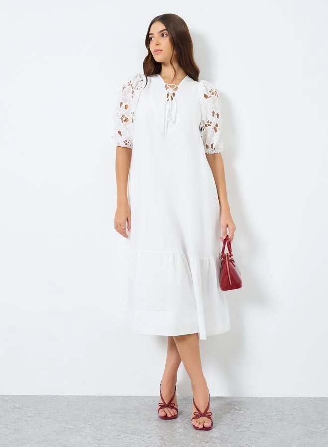 Styli Lace Puff Sleeves Midi Dress with Tie-Up Neck