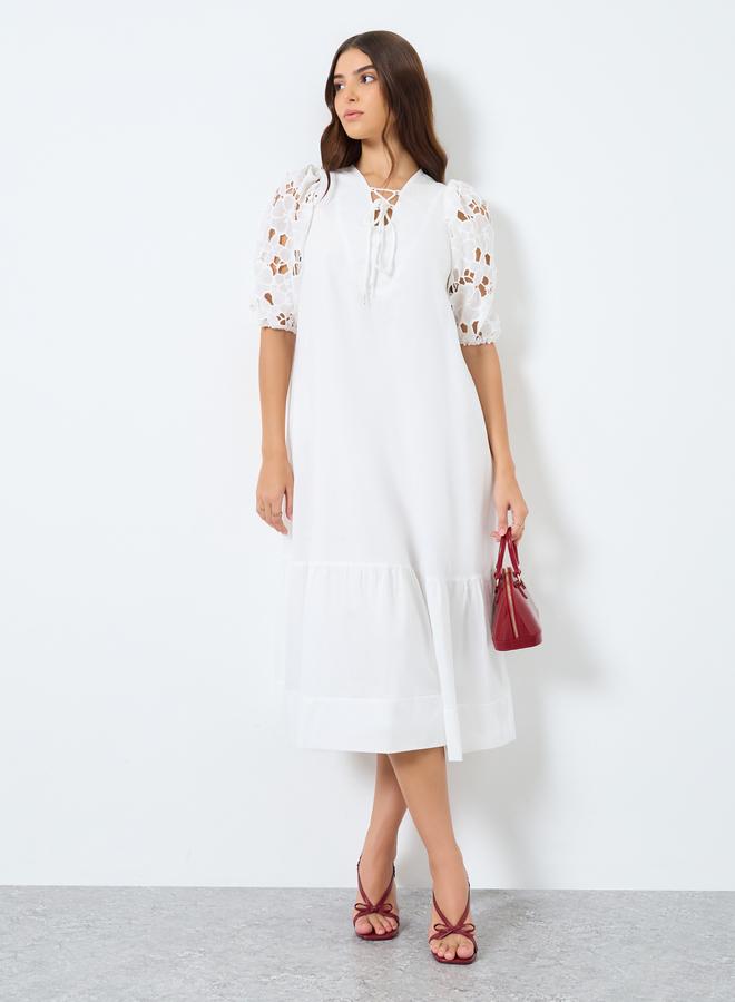 Styli Lace Puff Sleeves Midi Dress with Tie-Up Neck - Image 1