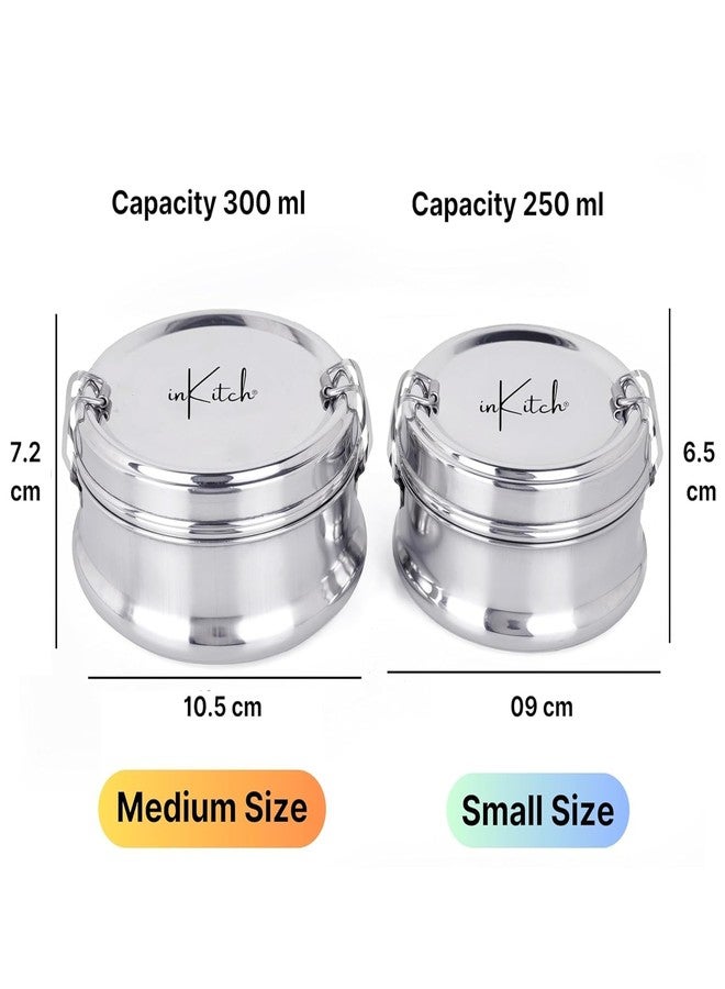 inKitch Premium Stainless Steel Lunch Box for Office, Kids & Travel | Airtight, Leakproof Meal Pack with Separator Plate & Locking Clip | Durable Portable Food Container (2, 250ml & 300ml) - Image 3