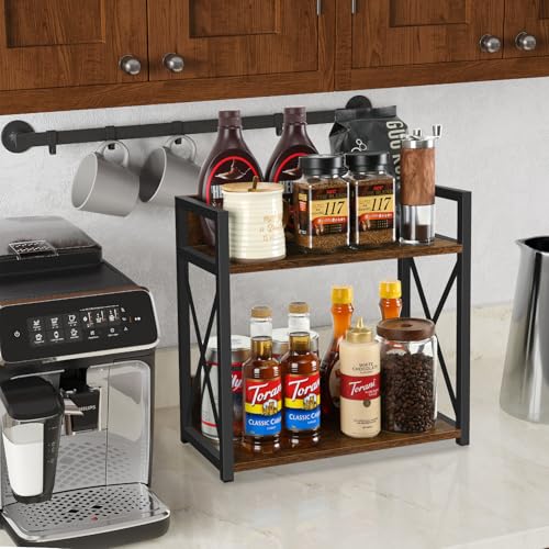YINMIT Countertop Shelf OrganizerCoffee Bar AccessoriesSpice RackCoffee Counter Shelf2 Tier Coffee Organizer Station for MugsCupsCreamSyrupRustic BrownLarge - Image 3
