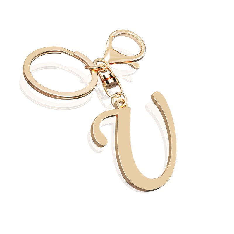 Suweibuke Cute Stainless Steel Gold Initial Letter Keychain for Women Girl, Charms for Key Handbag Backpack Bag, Personalized Gift (Gold-U) - Image 1