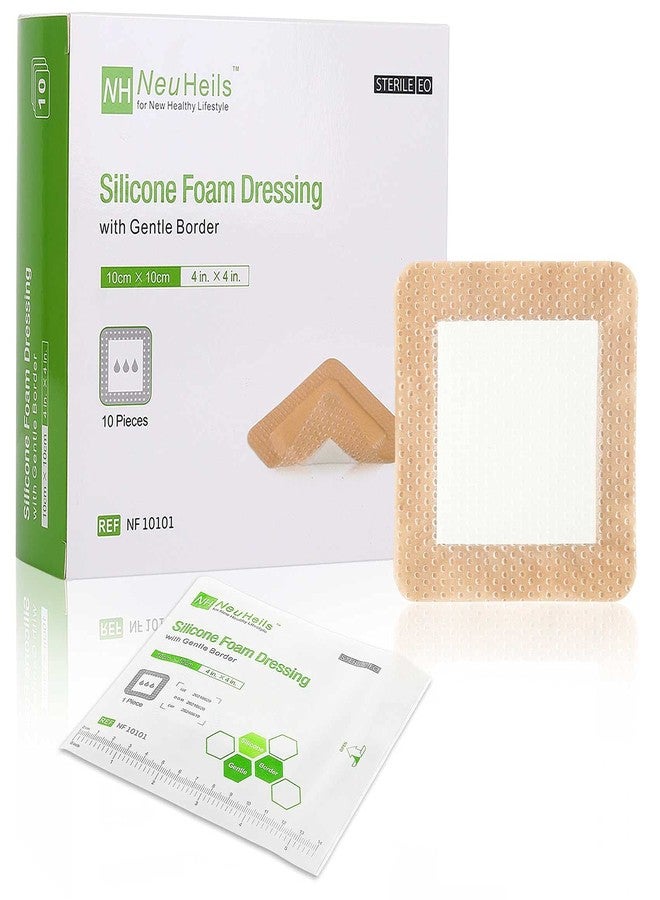 NeuHeils Silicone Adhesive Foam Dressing with Gentle Border 4''x4'' for Bed Sore Leg Ulcer 10 Pack, High Absorbency Waterproof Silicone Wound Bandage - Image 1