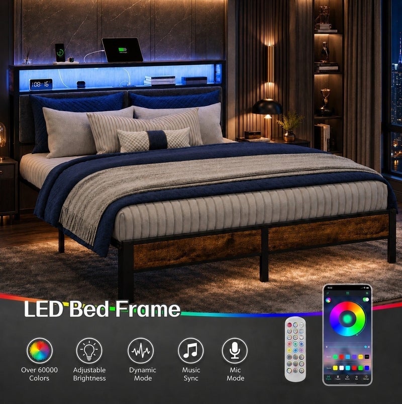 Yanara Queen/King Size Bed Frame with 2-Tier Storage Shelves Headboard, Platform Bed with Charging Station, LED Lights No Box Spring Needed Noise Free, 160cm*200cm/180cm*200cm - Image 5