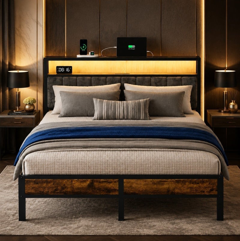 Yanara Queen/King Size Bed Frame with 2-Tier Storage Shelves Headboard, Platform Bed with Charging Station, LED Lights No Box Spring Needed Noise Free, 160cm*200cm/180cm*200cm - Image 2