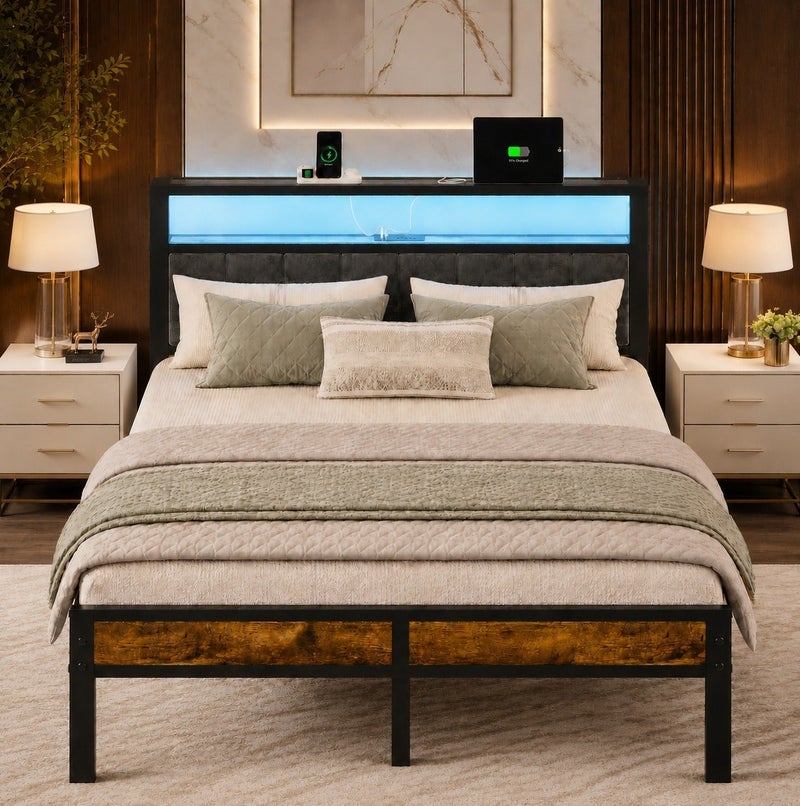 Yanara Queen/King Size Bed Frame with 2-Tier Storage Shelves Headboard, Platform Bed with Charging Station, LED Lights No Box Spring Needed Noise Free, 160cm*200cm/180cm*200cm - Image 1