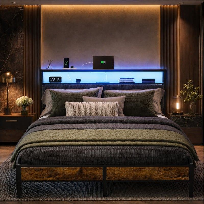 Yanara Queen/King Size Bed Frame with 2-Tier Storage Shelves Headboard, Platform Bed with Charging Station, LED Lights No Box Spring Needed Noise Free, 160cm*200cm/180cm*200cm - Image 3