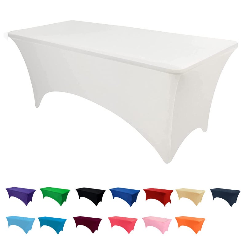 Newthinking 6FT Stretch Tablecloth for Craft Spandex Stretch Table Cloth Washable and Wrinkle Resistant Market Stall Table Cover for Banquet Folding Table Event Wedding White