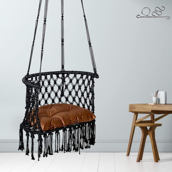 Patiofy C Shape Swing for Home BalconySwing Chair for Adults KidsJhula for Indoor Outdoor Garden Zulaincludes Free Hanging Accessories Dark Brown CushionWeight Capacity 120 Kgs Black