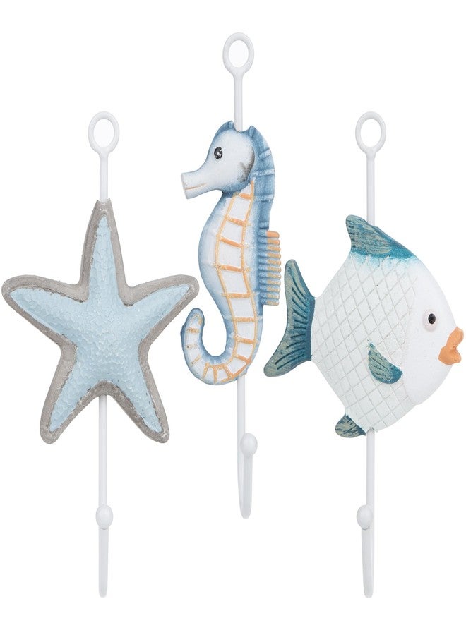 Umbrotiger Mediterranean Resin Wall Hooks 3 Set - Coastal Sea Life Decor with Fish, Starfish & Seahorse for Bathroom/Bedroom/Office (Oceanic Edition) - Image 1