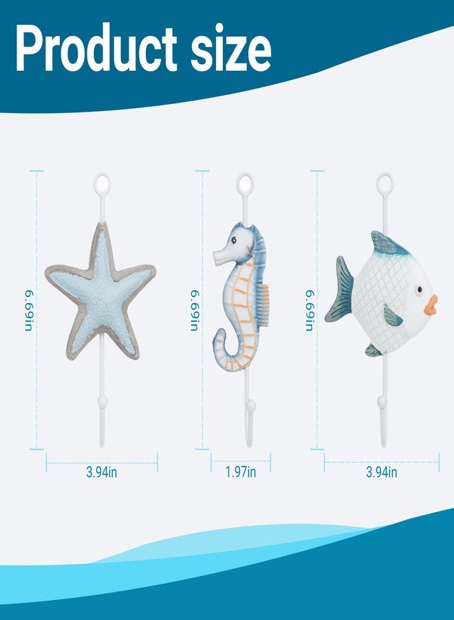 Umbrotiger Mediterranean Resin Wall Hooks 3 Set - Coastal Sea Life Decor with Fish, Starfish & Seahorse for Bathroom/Bedroom/Office (Oceanic Edition) - Image 2