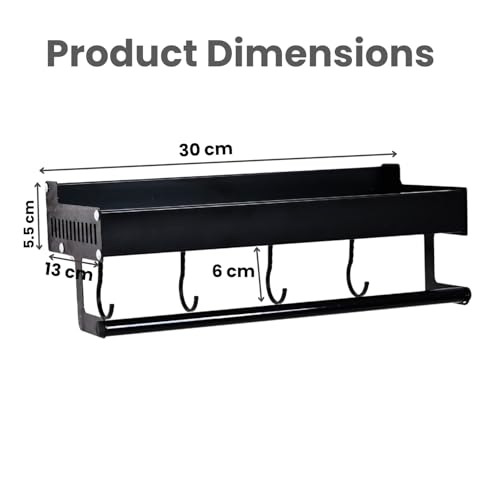 Boniry 30 CM Multipurpose Aluminum Bathroom Shelf with Movable Hooks & Towel Bar | Wall Shelf Bathroom Rack Ideal for Metal Bathroom and Kitchen Shelves (Black, 30 CM with Towel BAR & 4 Hook) - Image 2