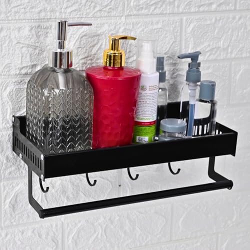 Boniry 30 CM Multipurpose Aluminum Bathroom Shelf with Movable Hooks & Towel Bar | Wall Shelf Bathroom Rack Ideal for Metal Bathroom and Kitchen Shelves (Black, 30 CM with Towel BAR & 4 Hook) - Image 1