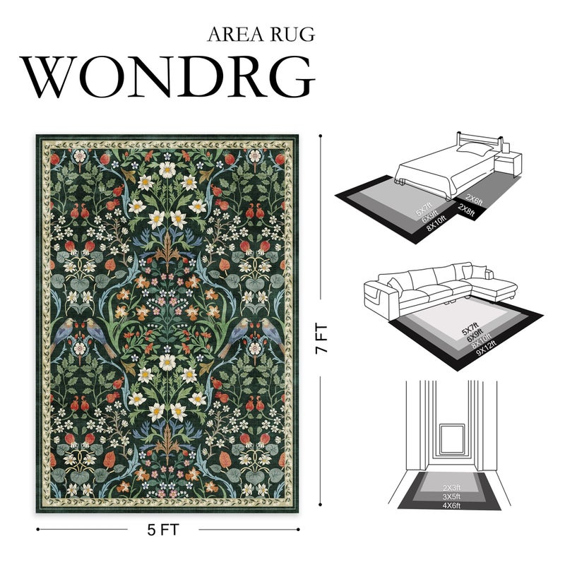 WondRg 8x10 Washable Green Floral Area Rug for Living Room Non-Slip Soft Large Rug for Playroom Vintage Low Pile Stain Resistant Carpet for Bedroom Kitchen Office Dining Kids Room Indoor - Image 2