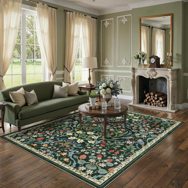 WondRg 8x10 Washable Green Floral Area Rug for Living Room Non-Slip Soft Large Rug for Playroom Vintage Low Pile Stain Resistant Carpet for Bedroom Kitchen Office Dining Kids Room Indoor - Image 3
