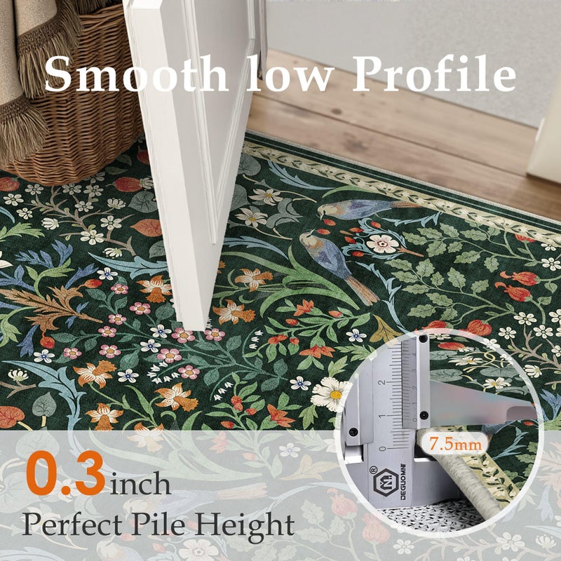 WondRg 8x10 Washable Green Floral Area Rug for Living Room Non-Slip Soft Large Rug for Playroom Vintage Low Pile Stain Resistant Carpet for Bedroom Kitchen Office Dining Kids Room Indoor - Image 4