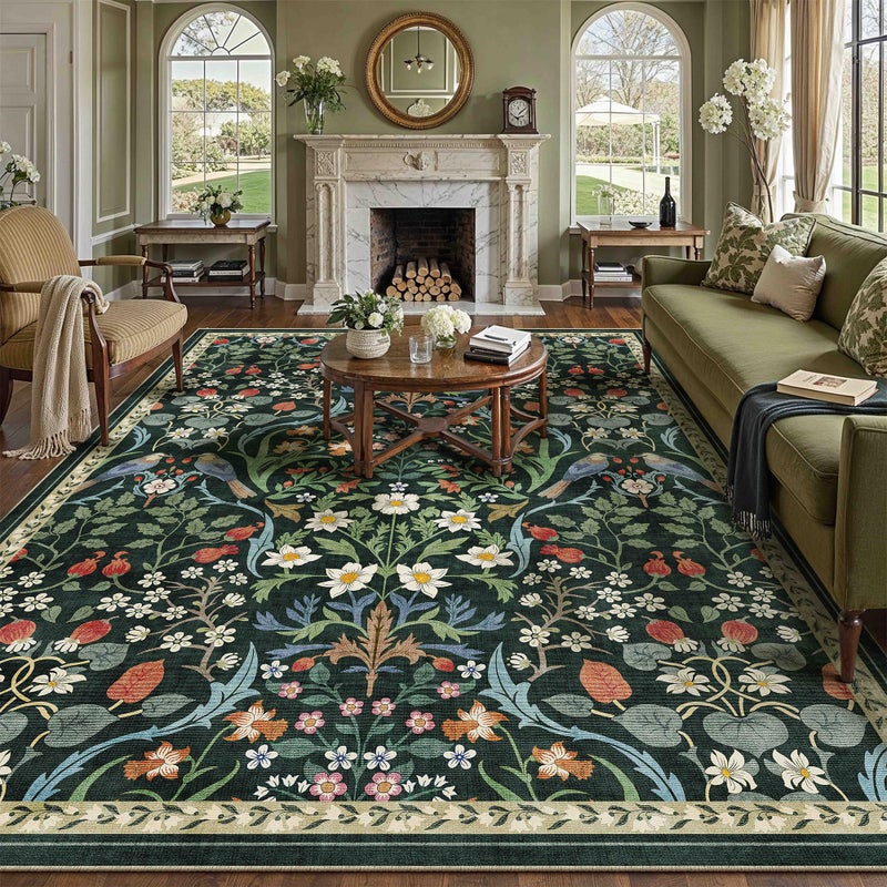 WondRg 8x10 Washable Green Floral Area Rug for Living Room Non-Slip Soft Large Rug for Playroom Vintage Low Pile Stain Resistant Carpet for Bedroom Kitchen Office Dining Kids Room Indoor - Image 1