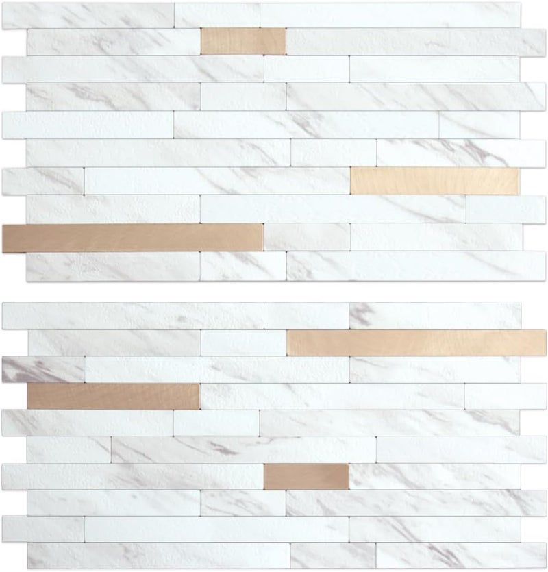 AULIGET 2 Sheets Faux Stone White Marble Peel and Stick Backsplash, PVC Mixed Metal Champagne Gold Wall Tile Stick on Backsplash for Kitchen and Bathroom - Image 1