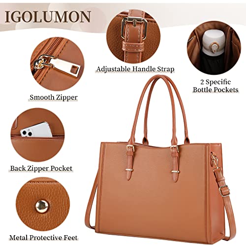 IGOLUMON Laptop Bag for Women 15.6 inch Waterproof Laptop Tote Work Bag Leather Computer Tote Briefcase Bag Office Professional Large Capacity Handbag School Shoulder Bag Brown - Image 3
