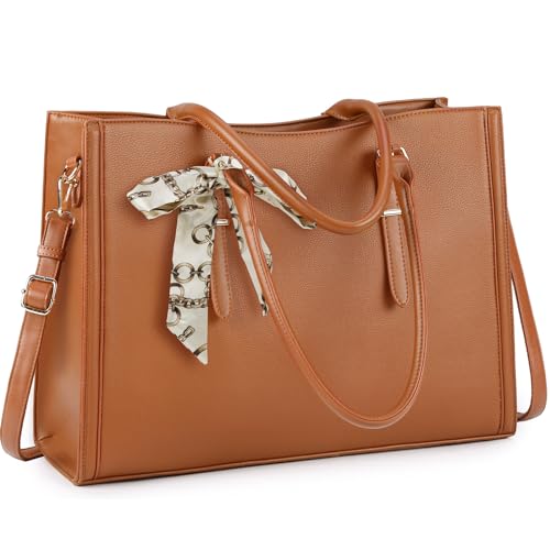 IGOLUMON Laptop Bag for Women 15.6 inch Waterproof Laptop Tote Work Bag Leather Computer Tote Briefcase Bag Office Professional Large Capacity Handbag School Shoulder Bag Brown - Image 1
